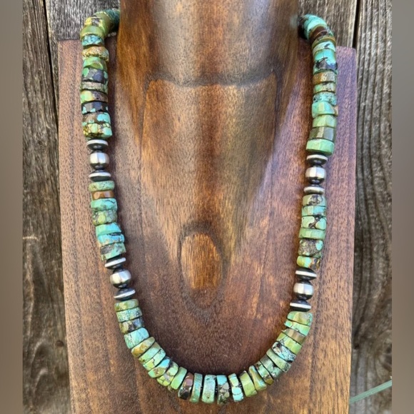 Southwestern 925 Sterling Silver Green Turquoise Heishi Bead Necklace. 20 inch